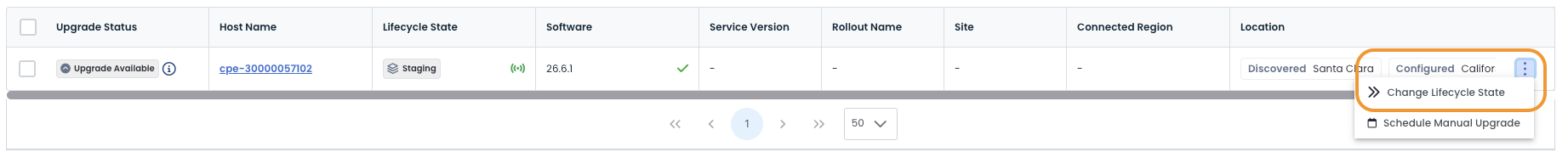 Table displaying upgrade status, host name, and lifecycle state options for devices.